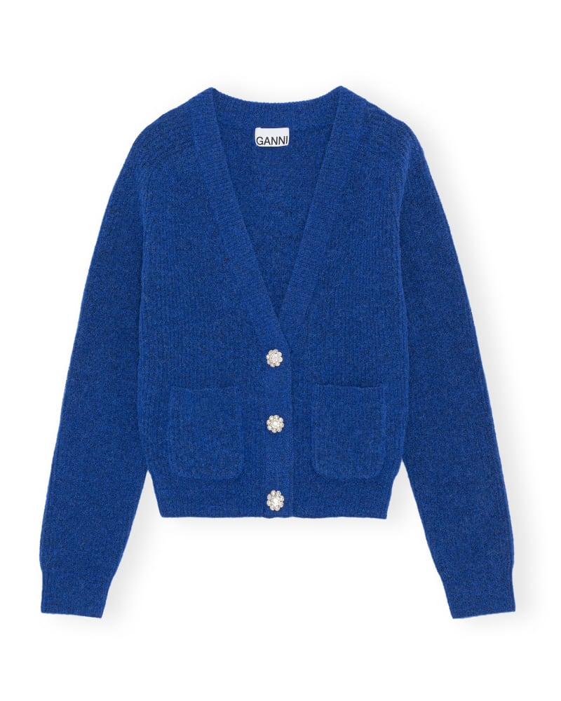 Front of a model wearing a size XXL Noa Cardigan in BLUE by GANNI. | dia_product_style_image_id:242704